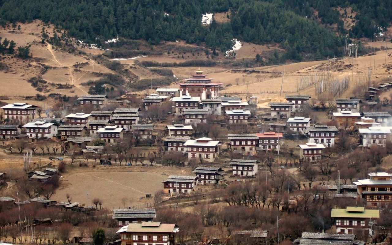 The houses of Ura village packed close together.